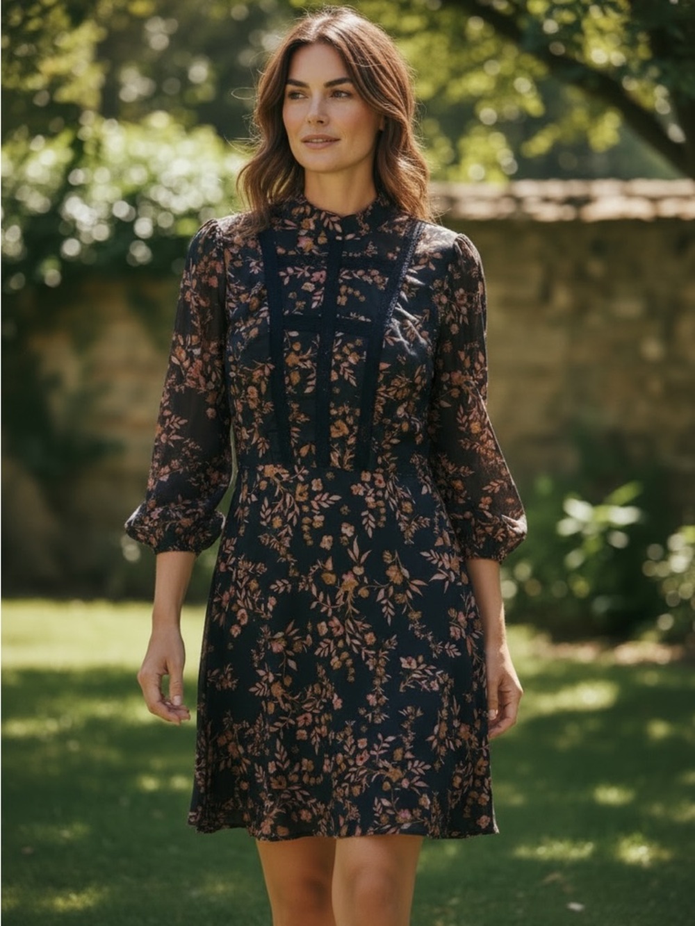 Navy Floral Lace-Panel Mini Dress